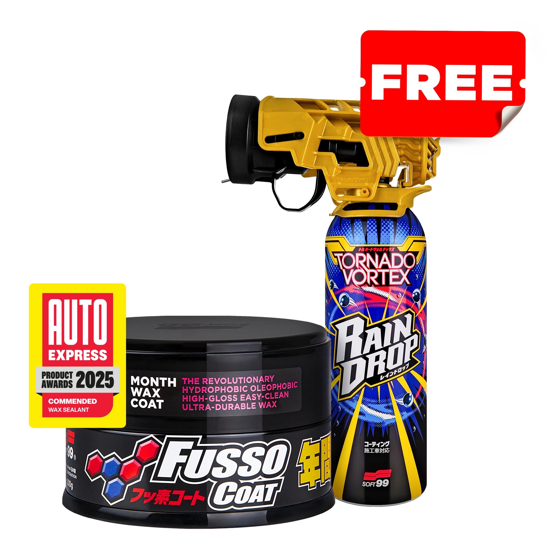 Fusso Coat 12 Months Dark + Rain Drop Tornado Vortex, cera per auto per vernici scure e rivestimento spray